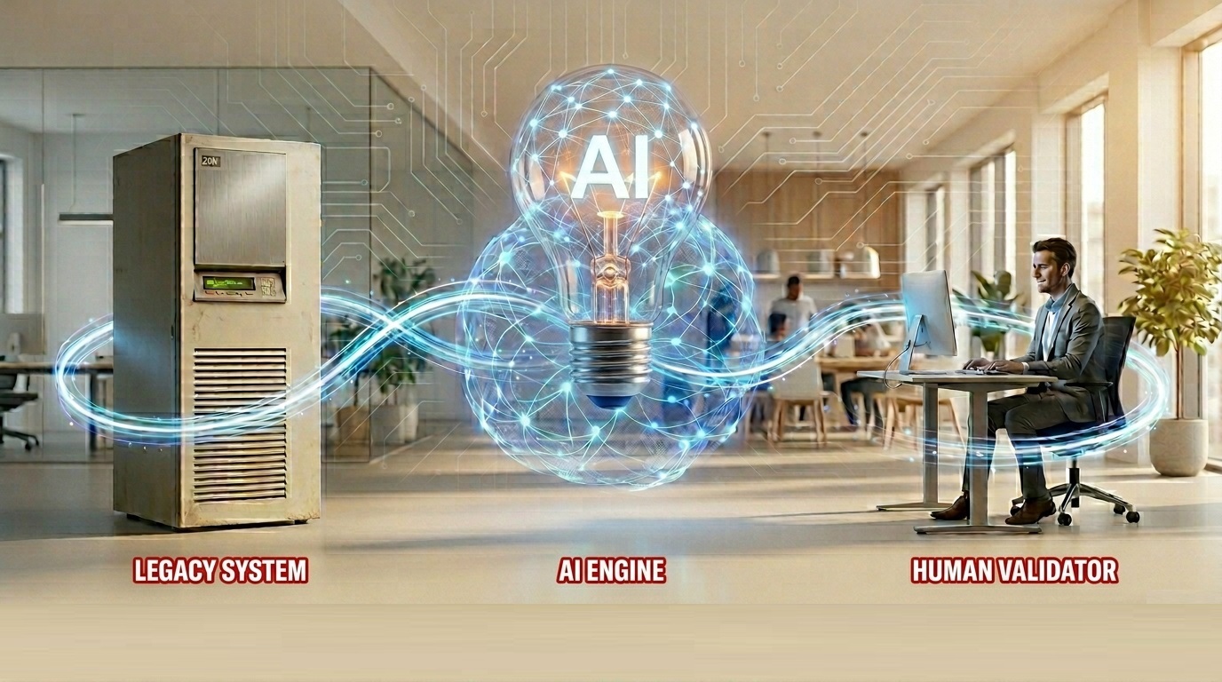 Legacy system + AI engine + human validator working in concert — the Luxvaro method, Boca Raton FL